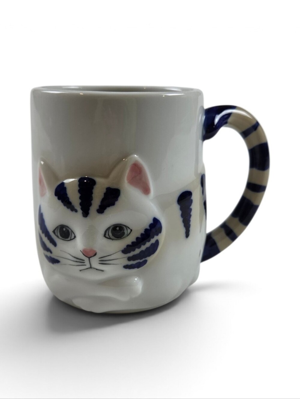 Vintage White Blue 3D Cat Face Mug Tail Handle